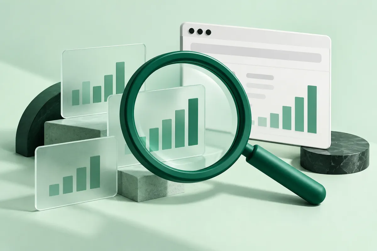 Emerald magnifying glass beside translucent search performance charts