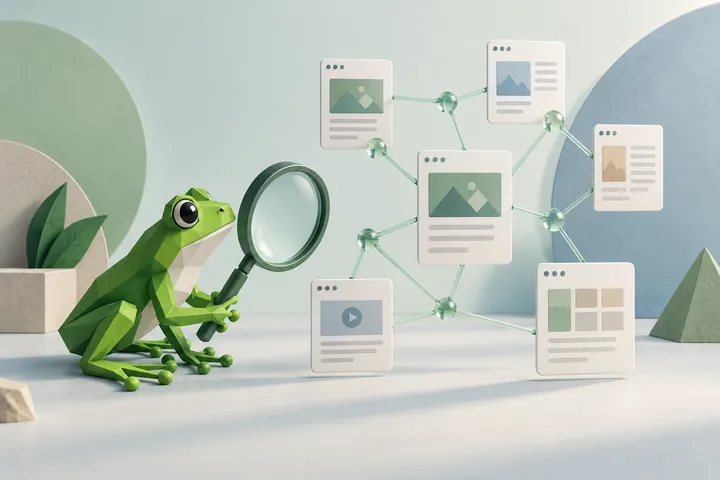 Original conceptual illustration for Screaming Frog SEO Spider — auditing a small website